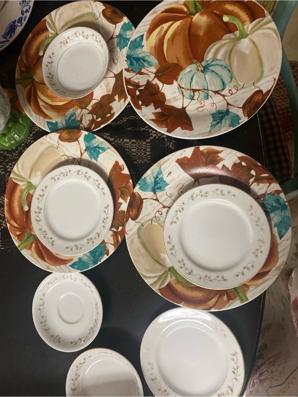 Autumn Pumpkin Dinner Plate Set - White, Brown & Teal and mismatched set